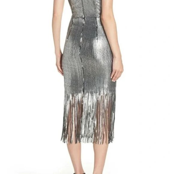DRESS THE POPULATION Frankie Silver Sequin Fringe Shift Dress szXLG - Picture 3 of 14